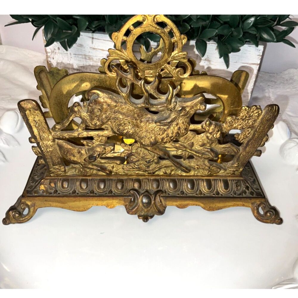 Antique c.1890 Bradley & Hubbard B&H Stag & Hounds Brass Cast Iron Letter Holder